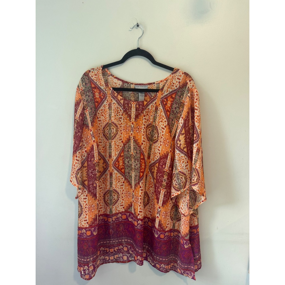 Catherines Womens 2X Plus Geometric Medallion Rhinestone‎ Boho Tunic Top Orange